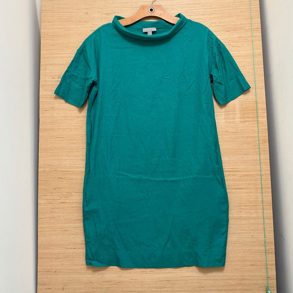 COS Teal Green Mock Neck Short Sleeve Shift Dress‎ with Pockets Womens Size 2